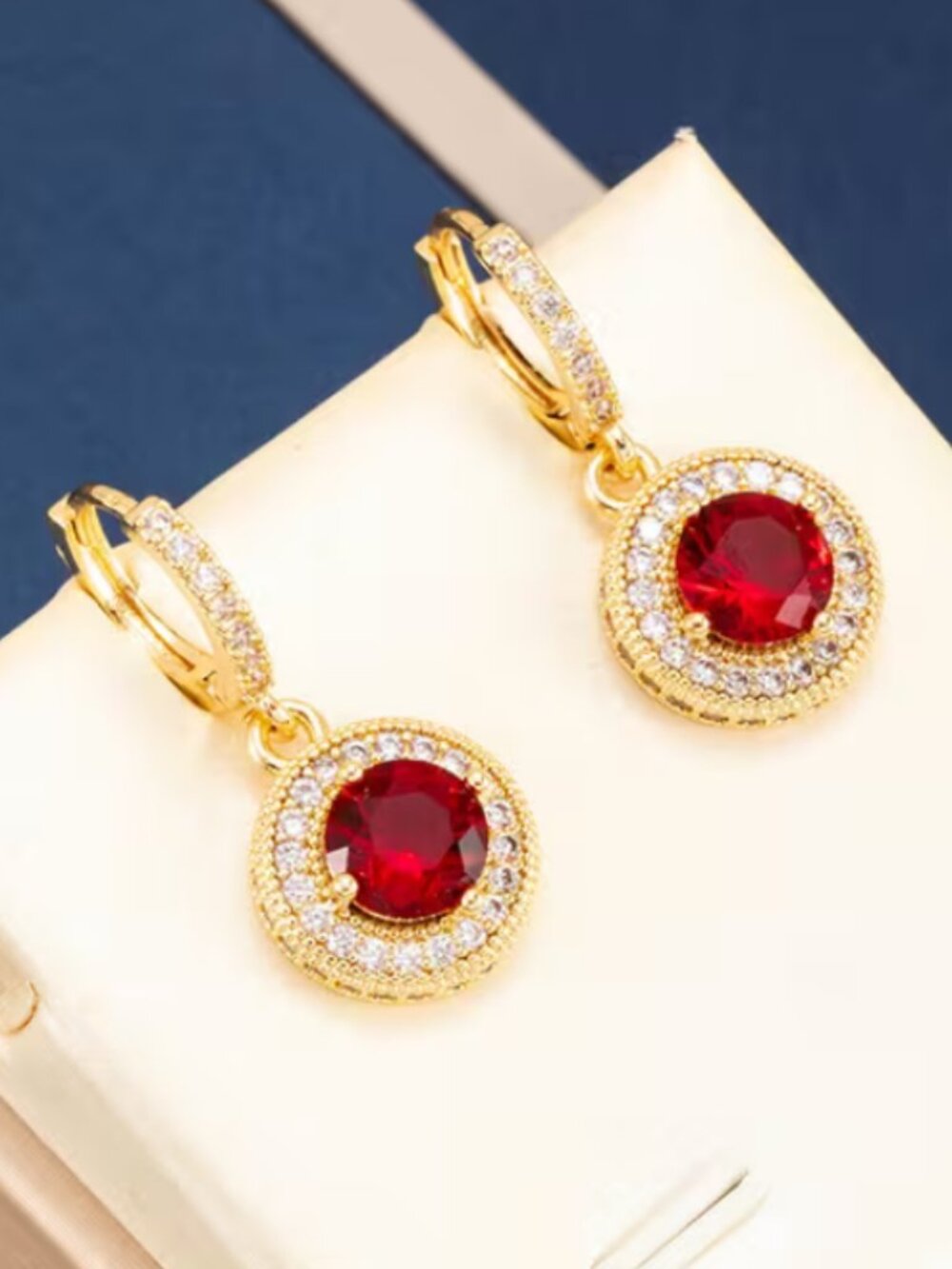 14K Gold Hanging Drop 2ct Red Ruby Gemstone 1ct Diamond Dangle Earrings Jewelry